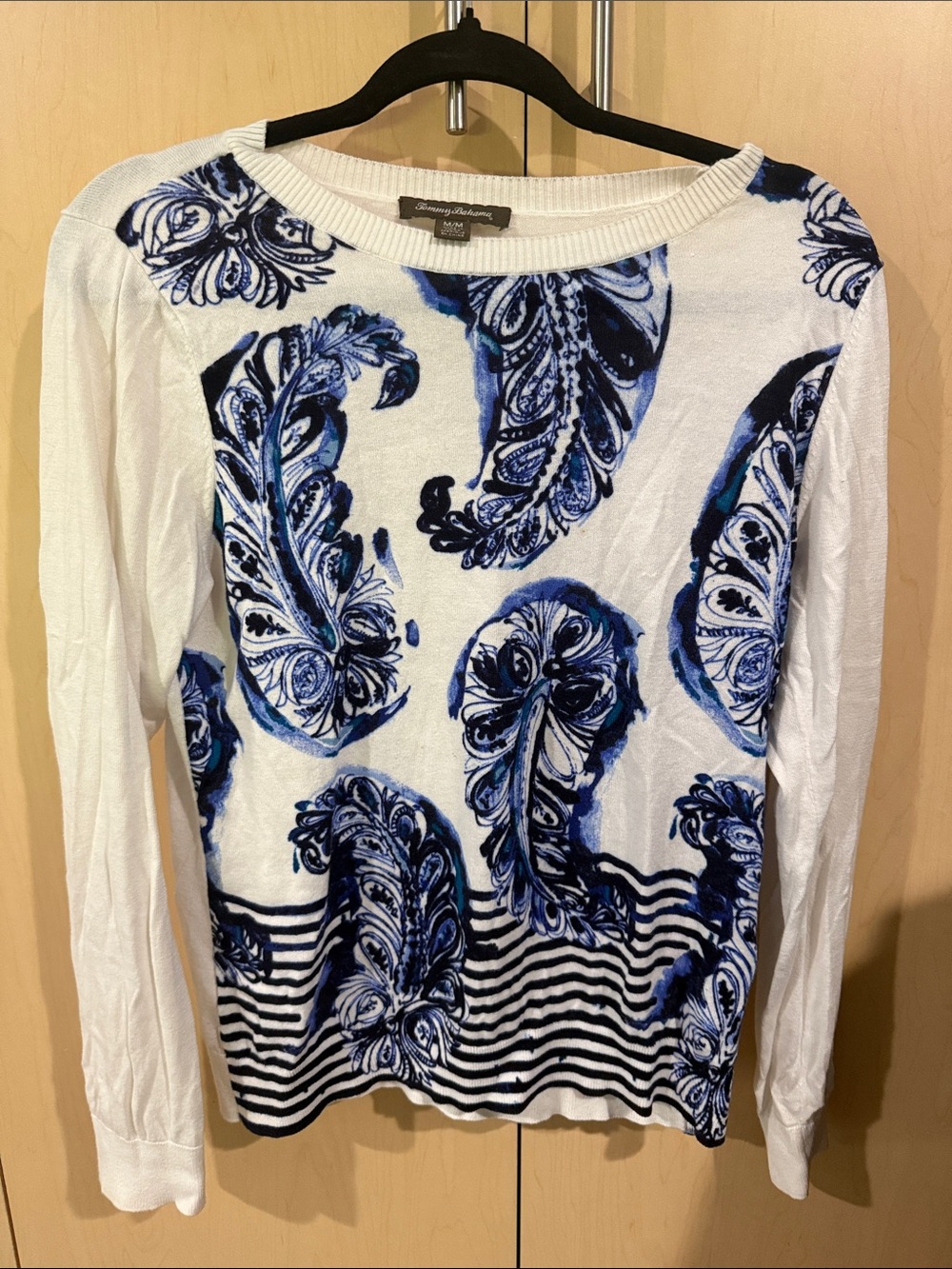 Tommy Bahama White Long-Sleeve Crewneck Top with Blue Paisley & Stripes